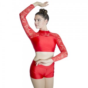 HDW DANCE Shiny Lycra Lace Long Sleeve Tops and Shorts